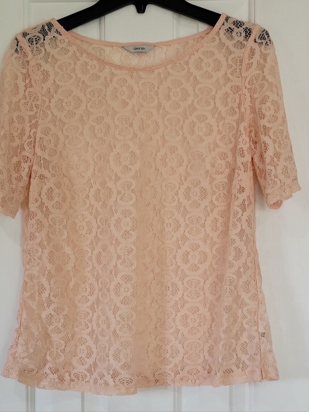 George Women's 16 Peach Floral Lace Sheer Pullover Round Neck Short Sleeve Top